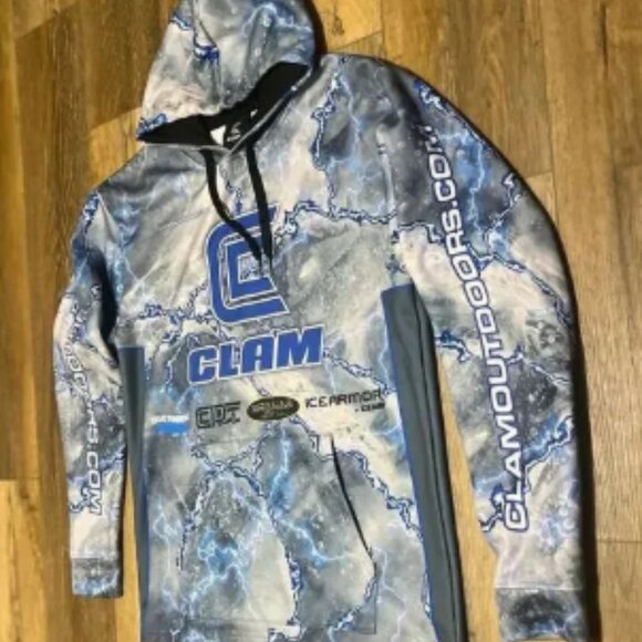 Clam Pro Icearmour Fishing Hoodie Sweatshirt Mens Medium Blue White Outdoorsman - Picture 2 of 9